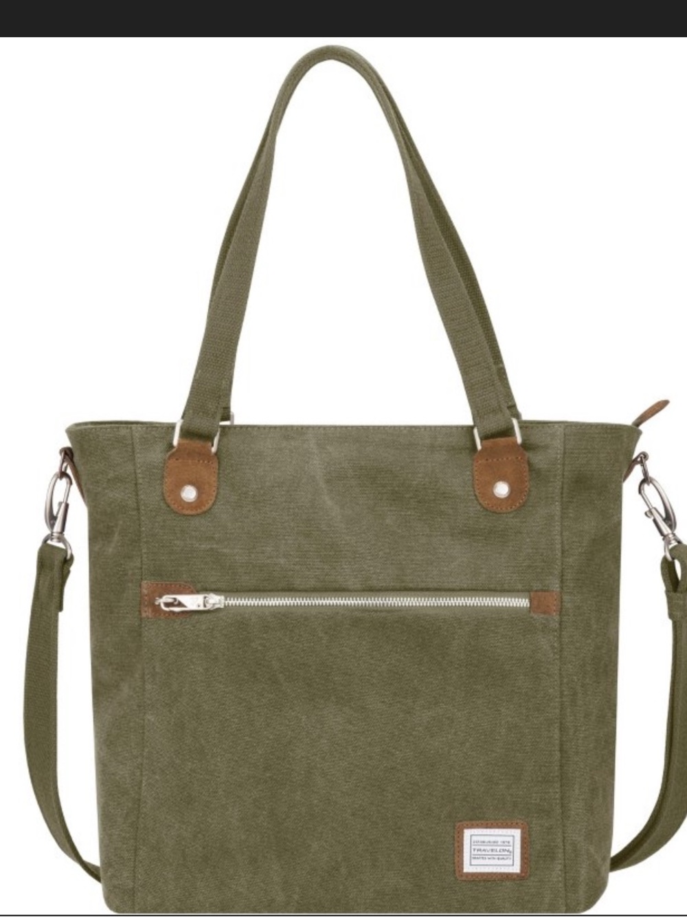 Travelon Olive Green Canvas Crossbody Tote with Tan Trim Accents